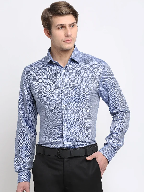 Slim Fit Men's Blue Formal Self textured Full Sleeve Shirt
