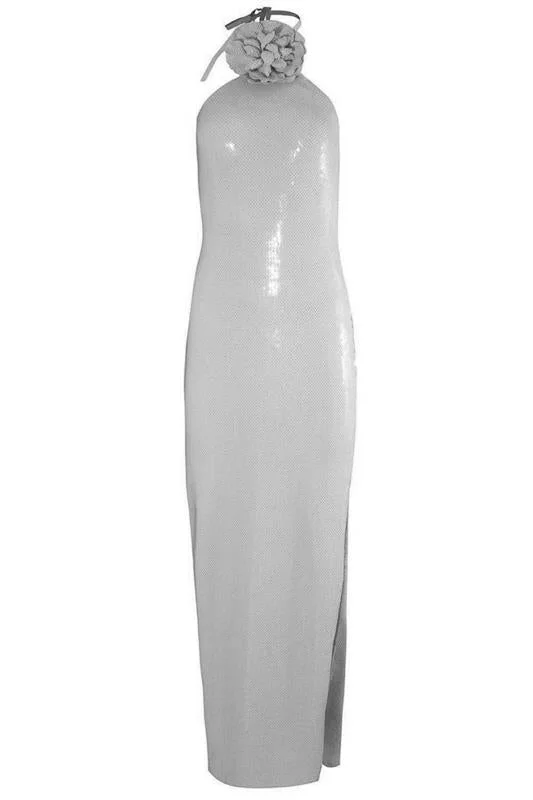 Casual Fit Wear Flower Detail Halter Gown - Silver Sequin