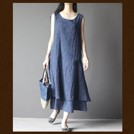 Comfy Chic Wear Blue Layered Cotton Summer Dress Long Maxi Sundress