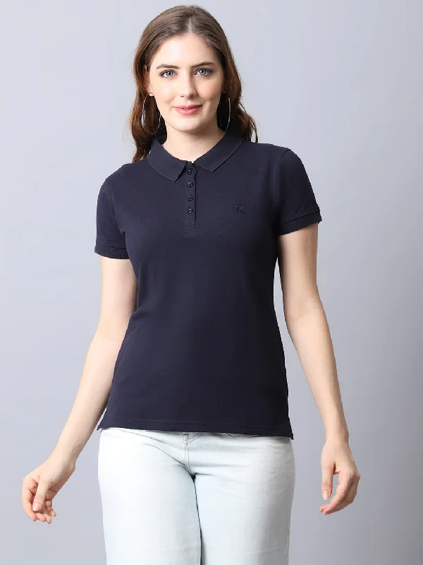 Women's Casual Regular Short Sleeve Navy Blue Polo neck  T-Shirt