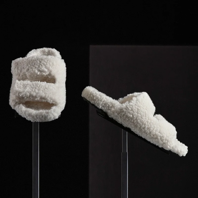 Comfortable Dresses Women's Double Strap Shearling Slide - Ivory