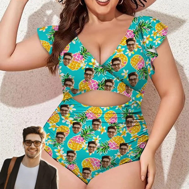 Fresh Comfort Custom Face Green Pineapple Women's Twist Front Ruffle Sleeve Swimsuit Face Bathing Suit