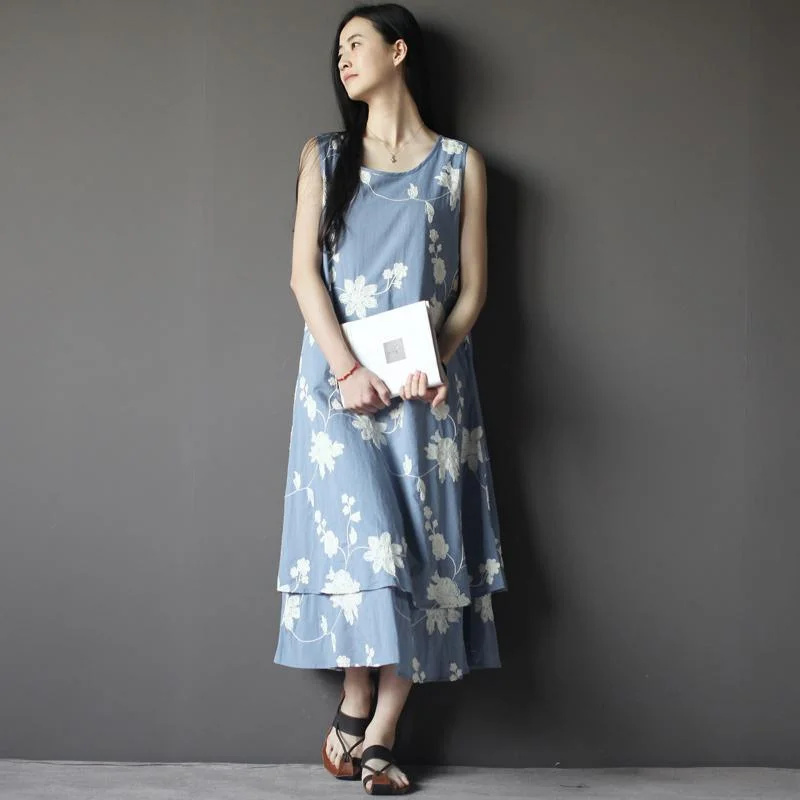 Exquisite Tailoring floral embroideried linen summer dress layered Navy cotton dress