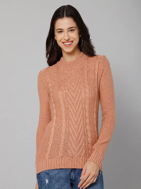 Women's Casual  Peach Round neck Pullover Sweater