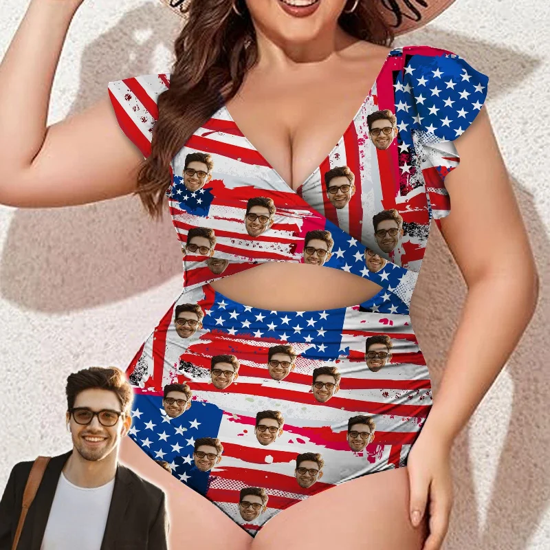 Soft Feel Custom Face Flag USA Women's Twist Front Ruffle Sleeve Swimsuit Face Bathing Suit Soft Feel Custom Face Flag USA Women's Twist Front Ruffle Sleeve Swimsuit Face Bathing Suit