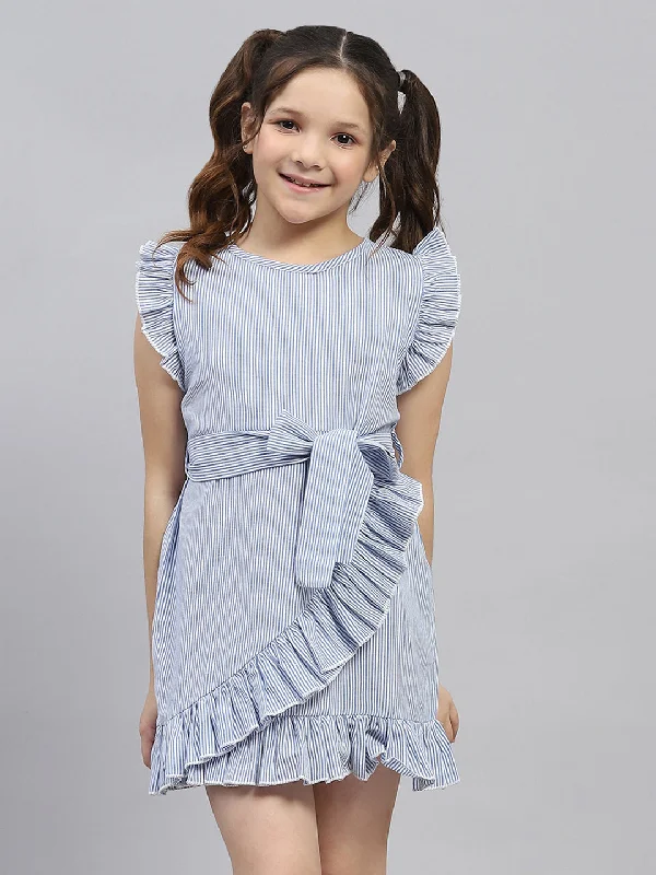 Simple Style Girls Blue Stripe Round Neck Sleeveless Dress