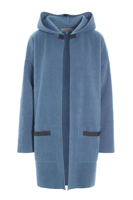 Relaxed Chic Fleece Long Cardigan W/ Hood In Dusty Blue