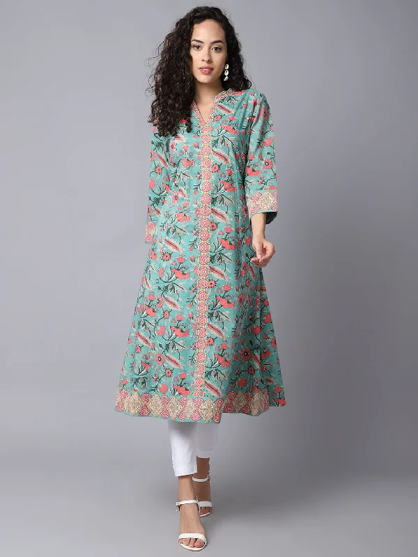 Women's Casual Band Collar Green All Over Printed with border Calf length Kurti