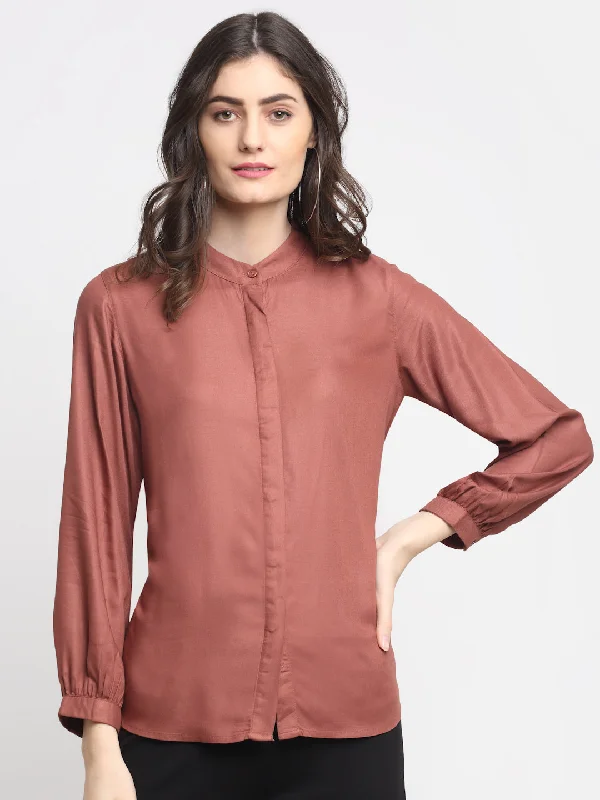 Fresh And Elegant Women's Casual  Rust Solid Mandarin Collar Tunic