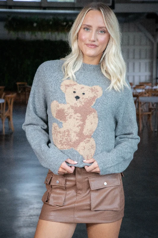 Comfortable Jeans Bear Pullover Sweater, Grey