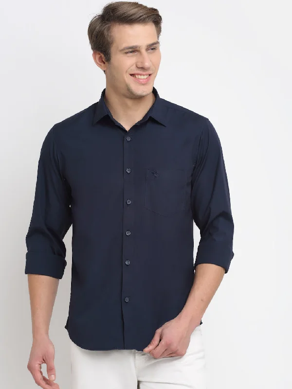Chic Comfort Wear Men's Navy Blue Casual Plain Stretch Full Sleeve Shirt