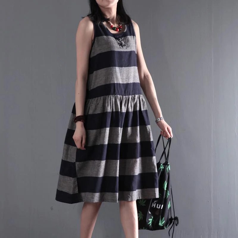 High-quality Styles gray strip linen sundress summer sleeveless fit flare dress