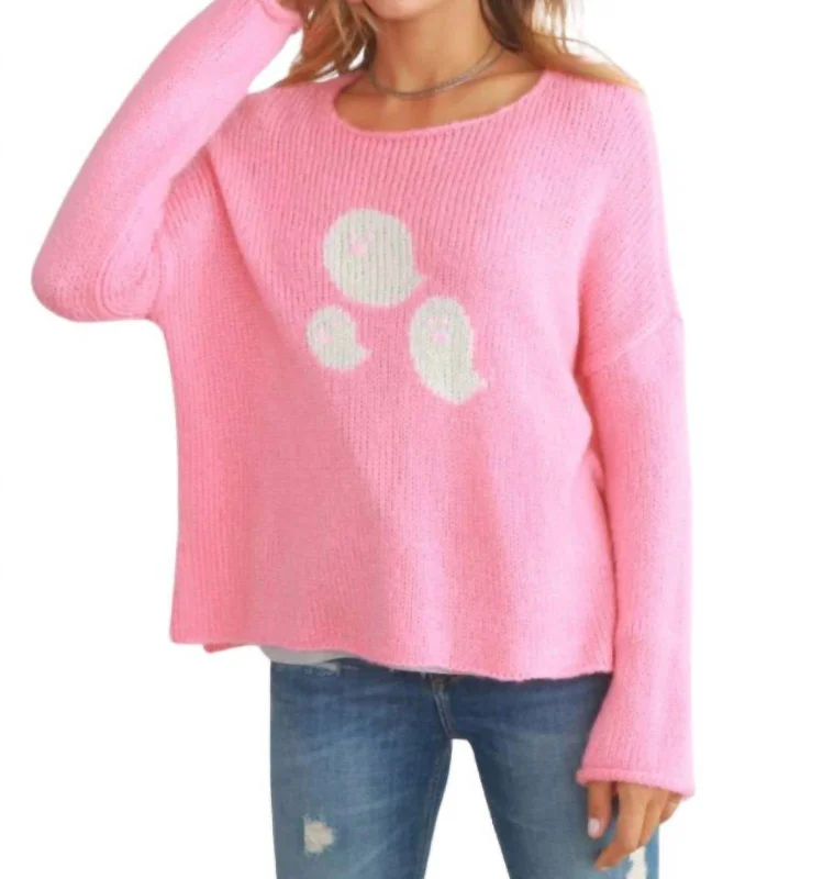 Comfy Chic Mini Ghosts Crew Sweater In Pretty Pink