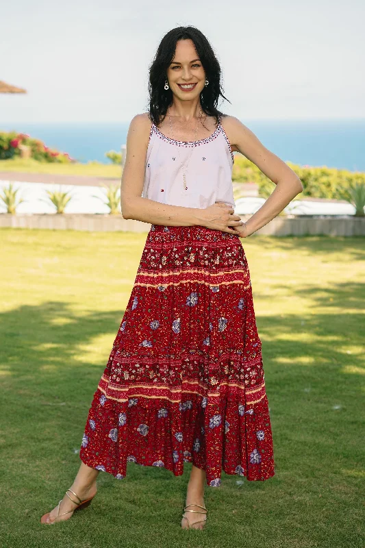 Fresh And Natural Poppy Garden Floral Rayon Skirt in Poppy Crafted in Thailand
