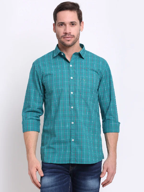 Easy Wear Chic Men Cotton Checkered Green Full Sleeve Casual Shirt for Men with Pocket