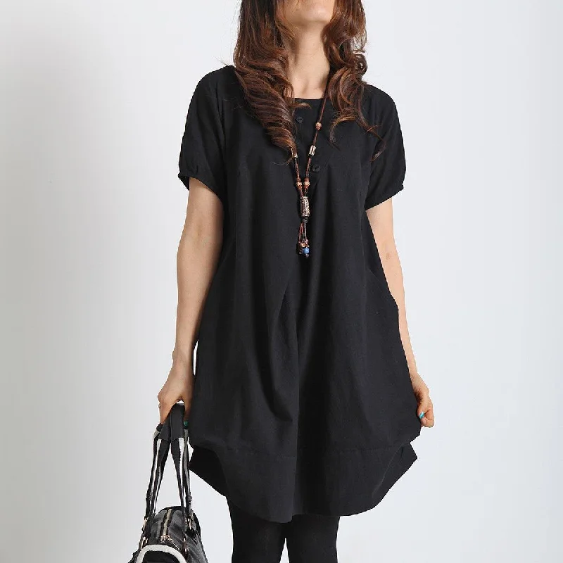 Breathable Style black summer linen dress plus size cotton shift dress