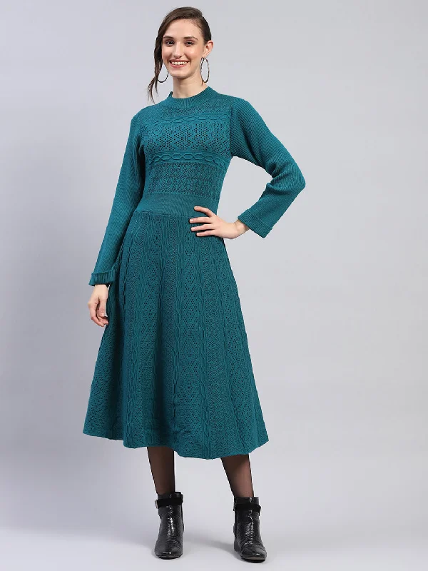 New Design Women Green Self Design Round Neck Full Sleeve Dress
