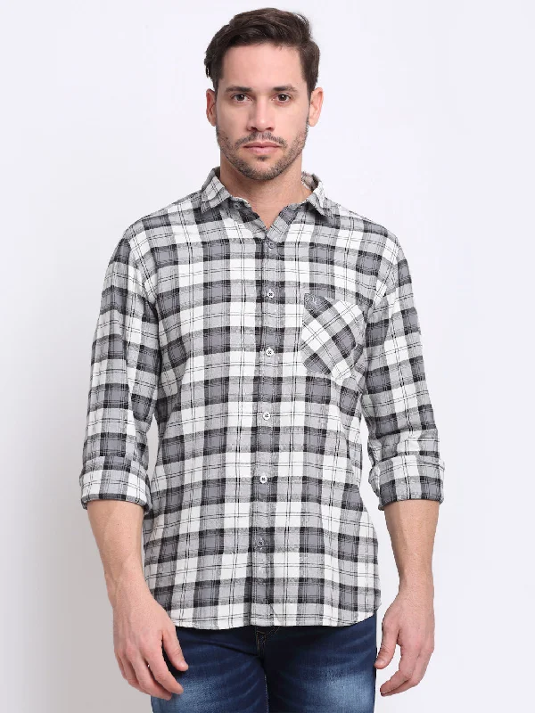 Casual Ease Men Cotton Checkered Grey Full Sleeve Casual Shirt for Men with Pocket