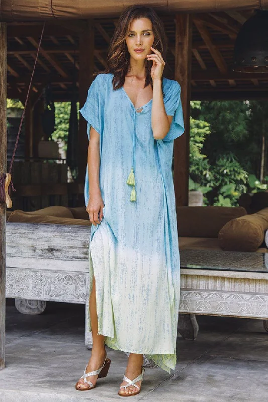 SHU-SHI Danielle Two Toned Ombre Tie Dye Long Caftan Dress with Short Sleeves & Tassel String