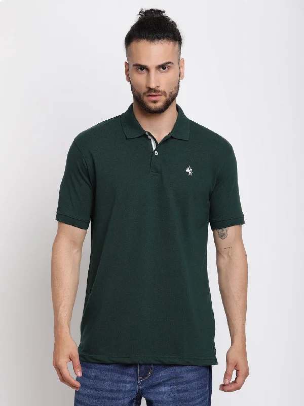 Designer Style Men's Bottle Green Polo neck Half Sleeve T-Shirt