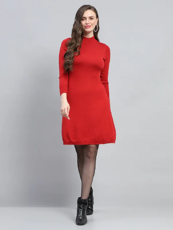 Fashion Expert Women Red Solid Round Neck Full Sleeve Dress