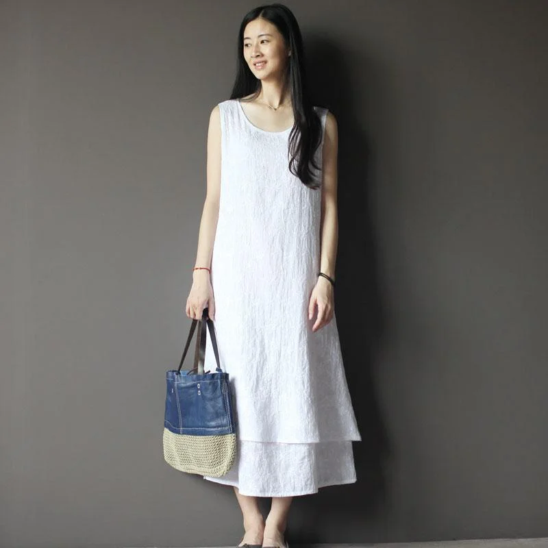 Casual And Versatile White pure cotton maxi dress layered casual sundress