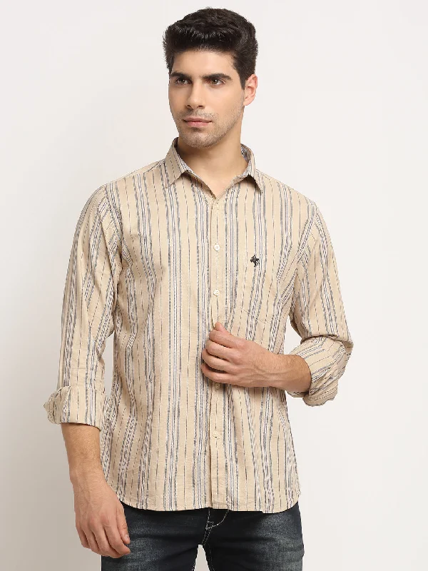 Goddess Style Men Cotton Striped Beige Full Sleeve Casual Shirt for Men with Pocket Goddess Style Men Cotton Striped Beige Full Sleeve Casual Shirt for Men with Pocket