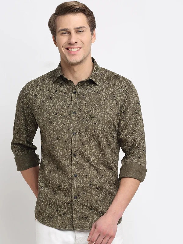 Sexy Fun Men Cotton Printed Olive Full Sleeve Casual Shirt for Men with Pocket