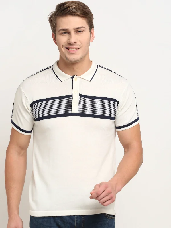 Elegant And Casual Men's Offwhite Placement Stripe Polo neck Half Sleeve Flatknit T-Shirt
