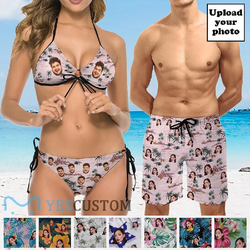 Luxe Comfort Custom Face Summer Beach Couple Matching Swimsuit Women's Two-Piece Triangle Bikini Bathing Suit Men's Swim Shorts