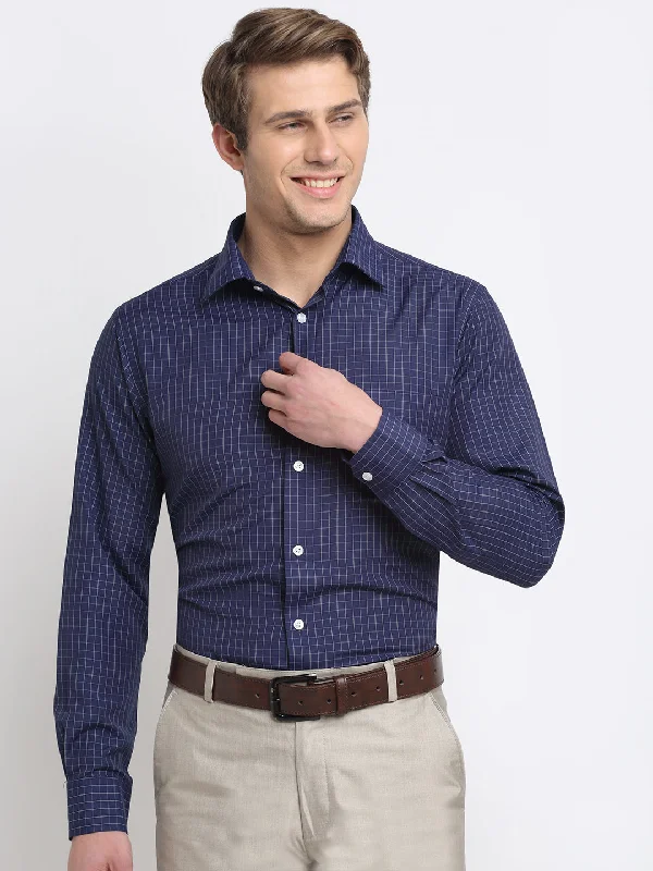 Casual Fit Wear Men's Navy Blue Formal Small Checks Full Sleeve Shirt