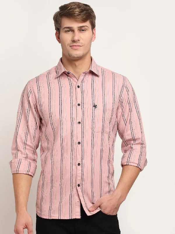 Street Cool Men Cotton Striped Pink Full Sleeve Casual Shirt for Men with Pocket