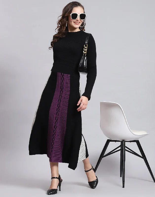 Cozy Street Style Women Black Self Design Round Neck Full Sleeve Dress