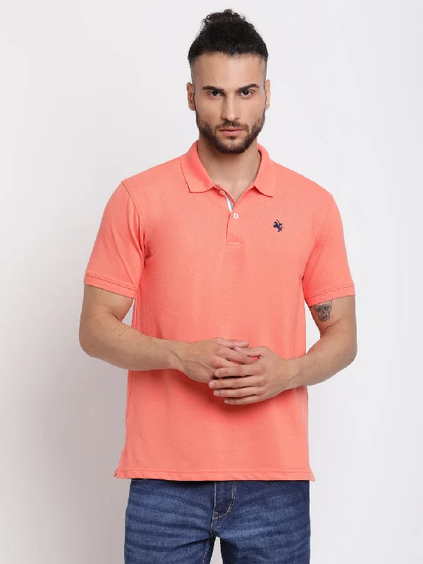 Simple Solid Color Men's Coral  Polo neck Half Sleeve T-Shirt