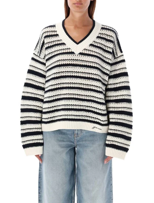 Fashionable Ease Striped Cotton V-Neck Pullover In Black