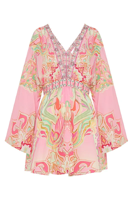 Youthful Street Fashion Gathered Kimono Mini Dress