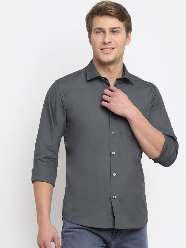Wandering freely Men's Grey Casual Plain Full Sleeve Shirt