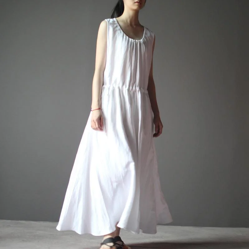 Mid-length Style White summer linen dress sleeveless sundress casual maxi dress