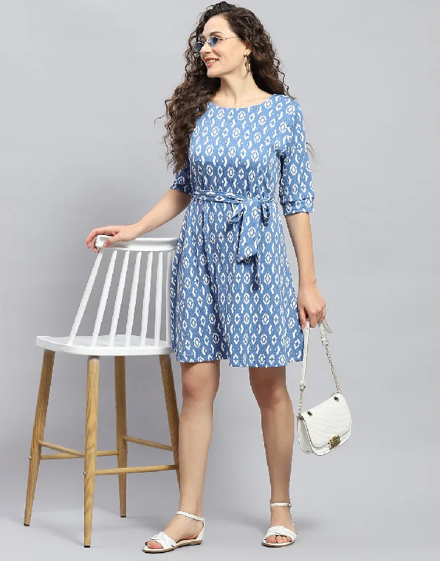 Elegant Wear Women Blue Printed Round Neck Short Sleeve Dress