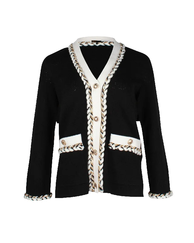 Party Wear Maje Braided-Trim Moostier Cardigan in Black Acrylic-Wool Blend