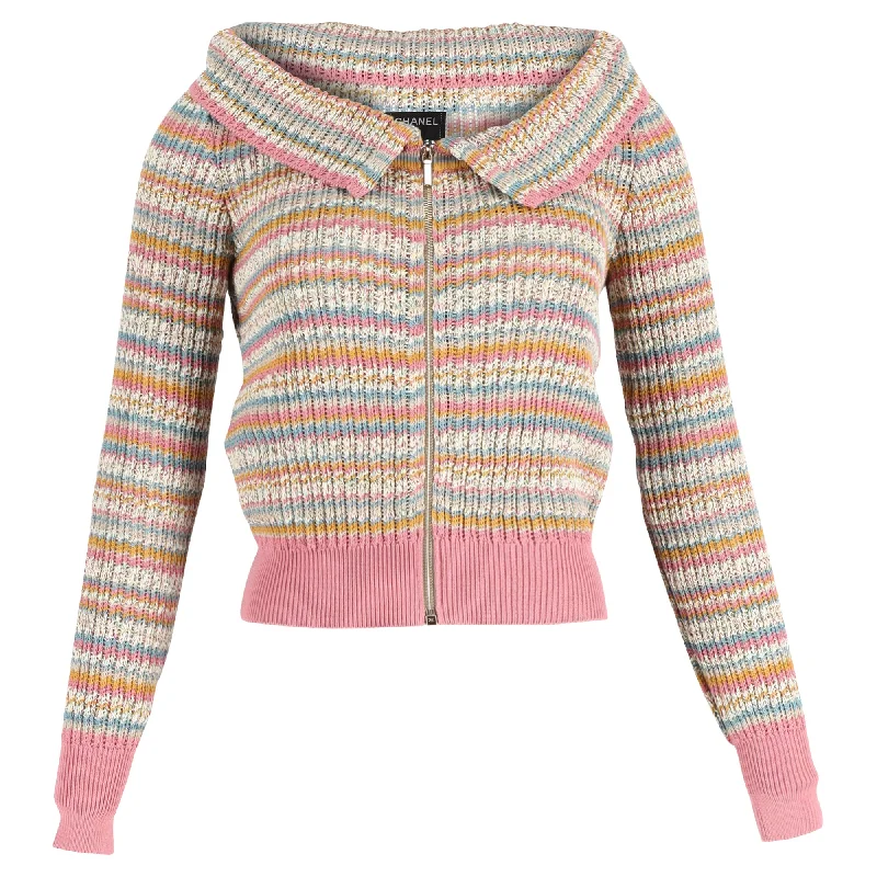 Casual And Comfortable Chanel Knitted Off-Shoulder Zip-Up Sweater in Multicolor Cotton
