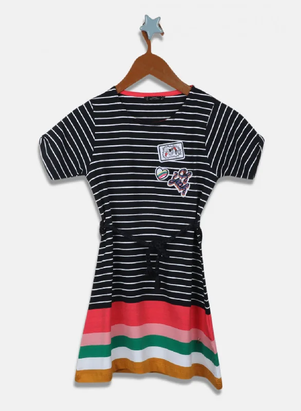 Warm Wear Girls Navy Blue Stripe Dress