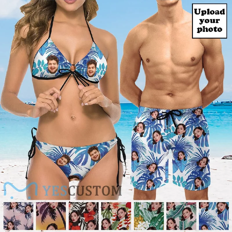 Comfy Dress Custom Face Palm Tree Couple Matching Swimsuit Women's Two-Piece Triangle Bikini Bathing Suit Men's Swim Shorts Comfy Dress Custom Face Palm Tree Couple Matching Swimsuit Women's Two-Piece Triangle Bikini Bathing Suit Men's Swim Shorts