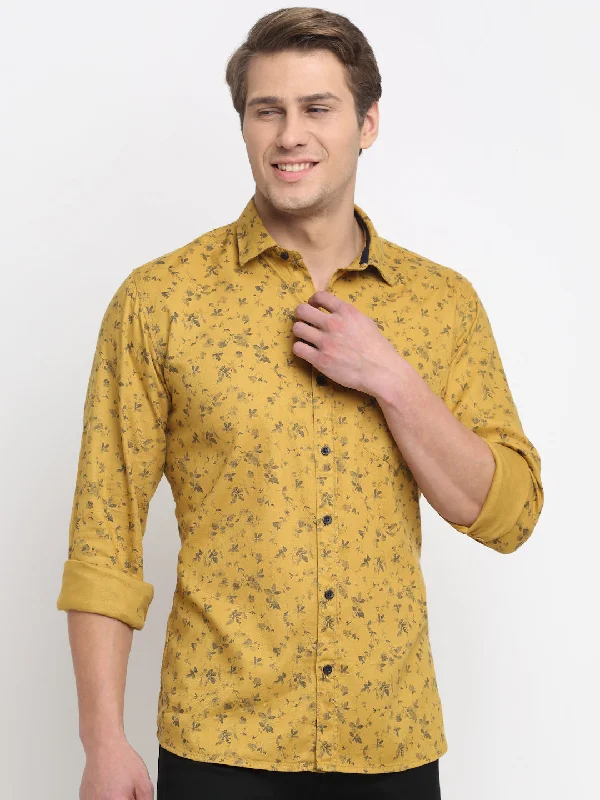 Design Perception Men's Dark Yellow Casual Floral Print Full Sleeve Shirt