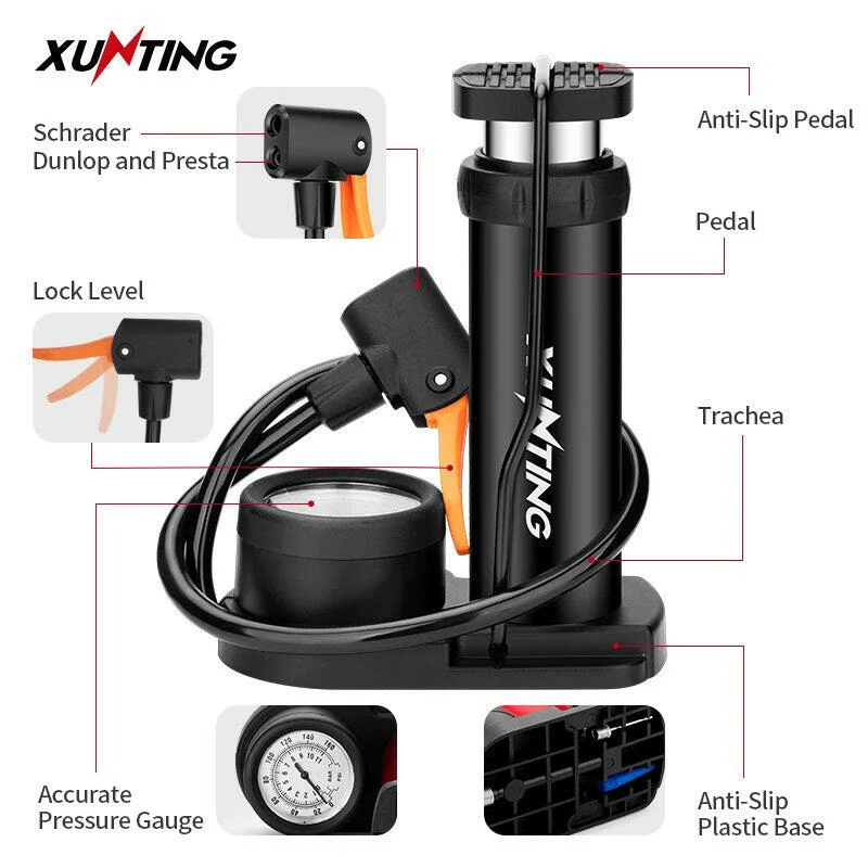 Romantic Temperament Xunting Mini Bike Foot Pump MAX 140PSI with Gauge Presta Schrader Valve with Needle for Road Mountain Bicycle Pump