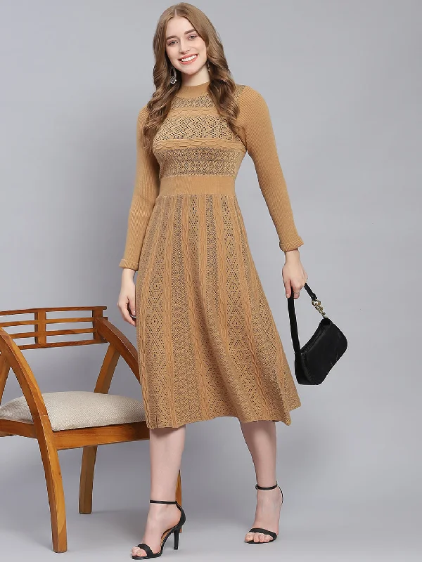 Playful Style Women Brown Self Design T Neck 3/4 Sleeve Dresses