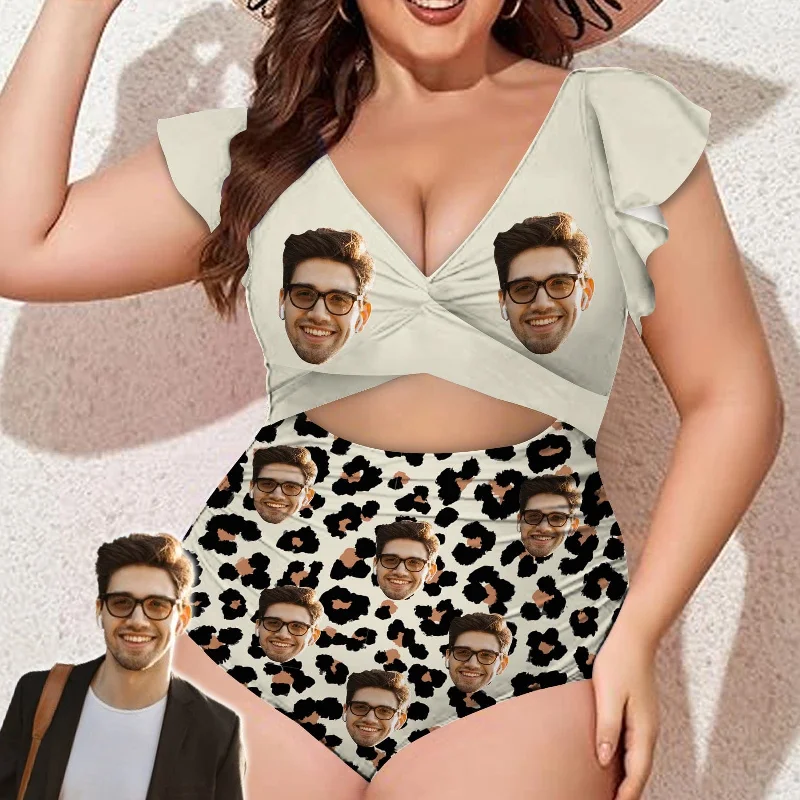 Cozy Outfit Custom Face Leopard Women's Twist Front Ruffle Sleeve Swimsuit Face Bathing Suit