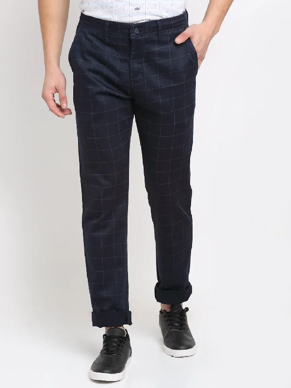 Light Layers Men's Casual Flat front Navy Blue Checks Trousers