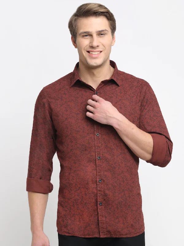 Lazy Style Men Cotton Printed Brown Full Sleeve Casual Shirt for Men with Pocket