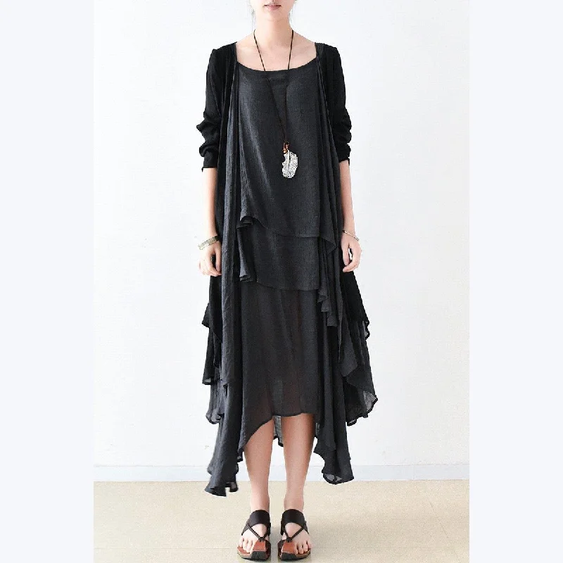 Relaxed Chic Fall Black Cotton Dresses Flowy Cardigan With Asymmetrical Layered Dress Inside Two Pieces